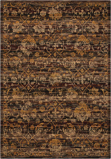 Close-up of the Nourison Rhapsody Ebony rug. Features a floral pattern in sage on a dark brown, textured background.