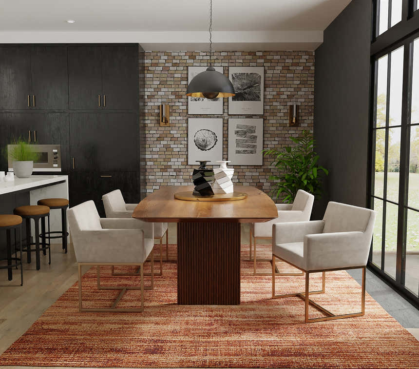 Dining room with a Feizy Deja Modern Solid rug in brown, red, and tan under a wood table and chairs. Roomscene-Rectangle