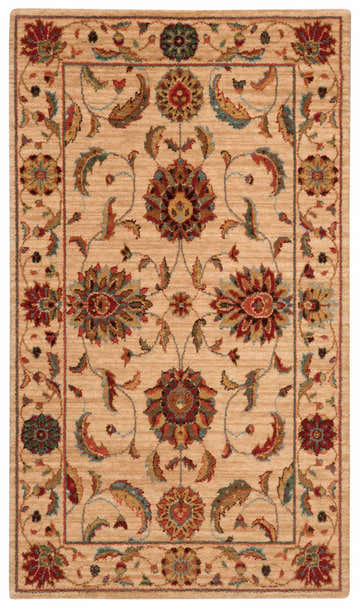 Close-up of Nourison Living Treasures Ivory rug featuring a traditional floral pattern in chestnut, red, and teal on a neutral background.
