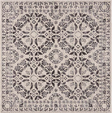 Close-up of the Megargel Area Rug, showcasing its charcoal and light beige floral medallion pattern and soft texture. Design-Square-53