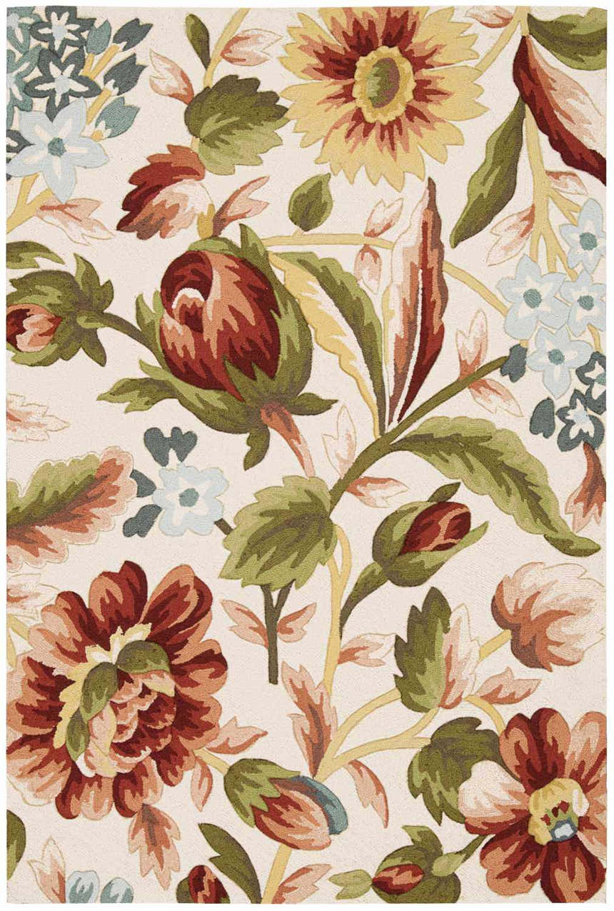 Close-up of the Nourison Fantasy Ivory Floral Area Rug, showcasing chestnut, green, and blue floral pattern on a cream background.
