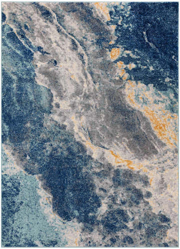 Close-up of the Nourison Passion Blue Multicolor rug. Abstract design in shades of blue, gray, and gold.