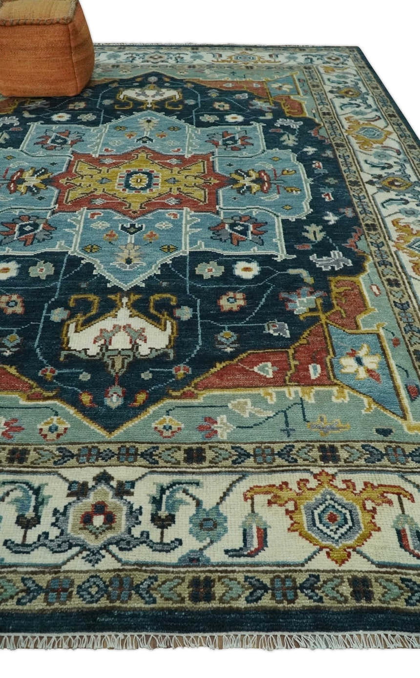 Custom Made Blue and Ivory Hand Knotted Modern Turkish Medallion Design Wool Area Rug