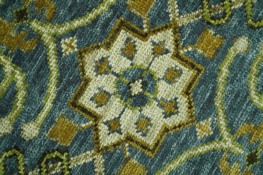 Blue and Olive Traditional motifs design Custom Made wool area rug