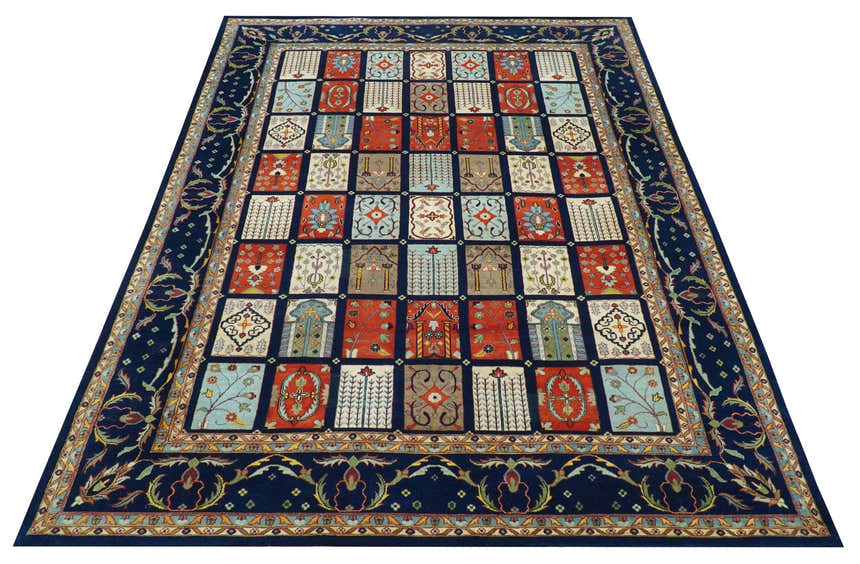Blue And Orange Traditional Floral Design 8x11 Hand Knotted wool Area Rug