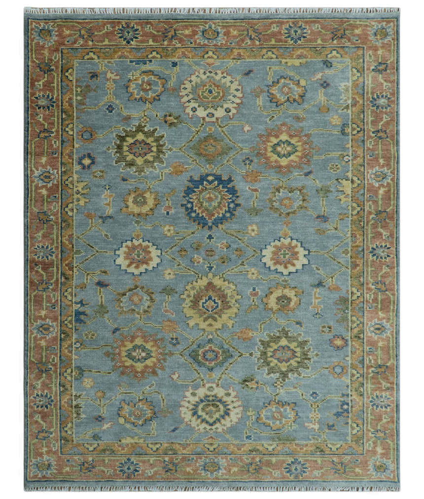 Blue and Rust Antique Traditional Oushak Area Rug