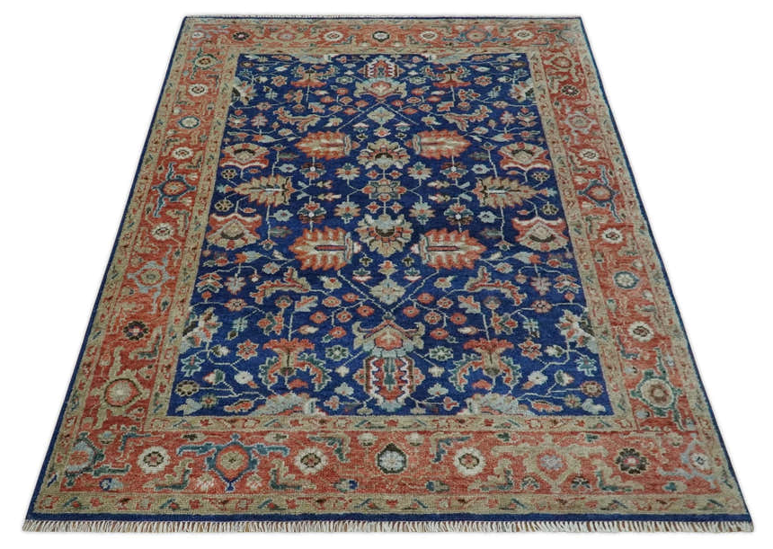Blue and Rust Turkish Design Traditional Serapi Hand Knotted Wool Area Rug