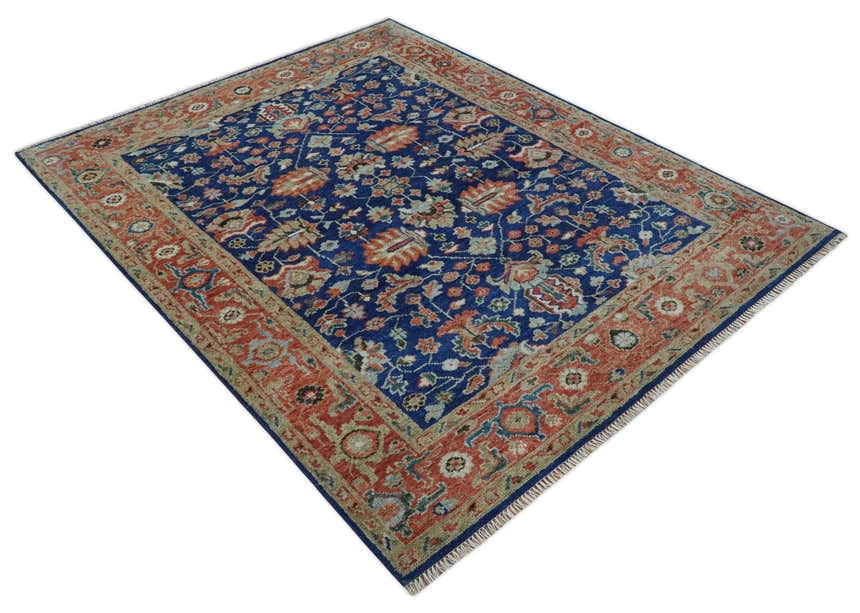 Blue and Rust Turkish Design Traditional Serapi Hand Knotted Wool Area Rug