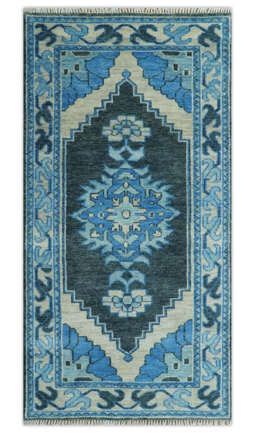 Blue, Black and Ivory Hand Knotted Antique Traditional Heriz Serapi Multi Size Wool Area Rug
