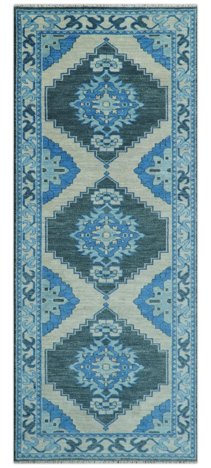 Blue, Black and Ivory Hand Knotted Antique Traditional Heriz Serapi Multi Size Wool Area Rug