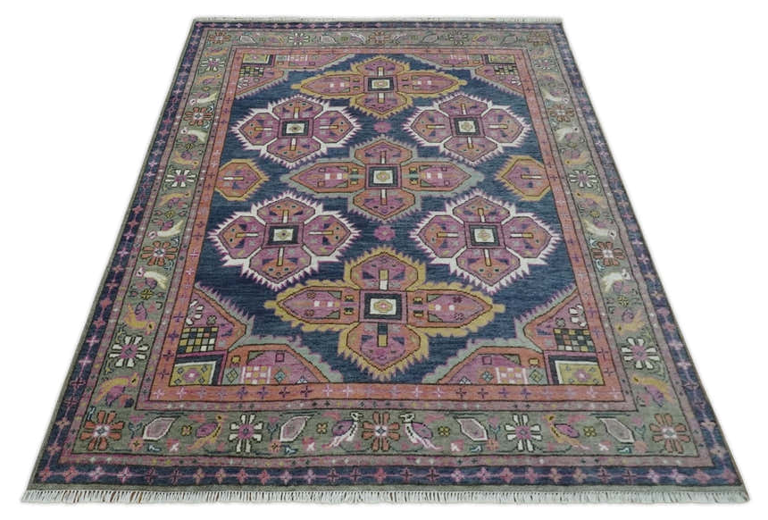 Blue, Purple and Green hand knotted Traditional Heriz Serapi Wool Area Rug