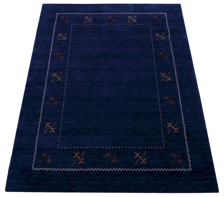 Blue Tribal Border Design Hand Loomed Wool Area Rug