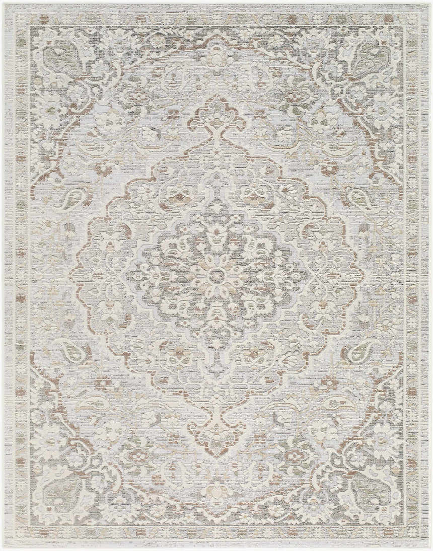 Close-up of the Carmela Becki Owens x LIVABLISS BOCM-2302 Area Rug. Beige, ivory, and brown traditional floral pattern. Design-Rectangle-537