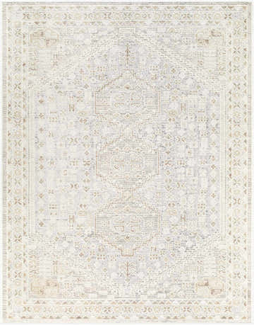 Close-up of the Carmela Becki Owens x LIVABLISS BOCM-2304 Area Rug. Beige, ivory, gray, and tan traditional pattern. Design-Rectangle-537