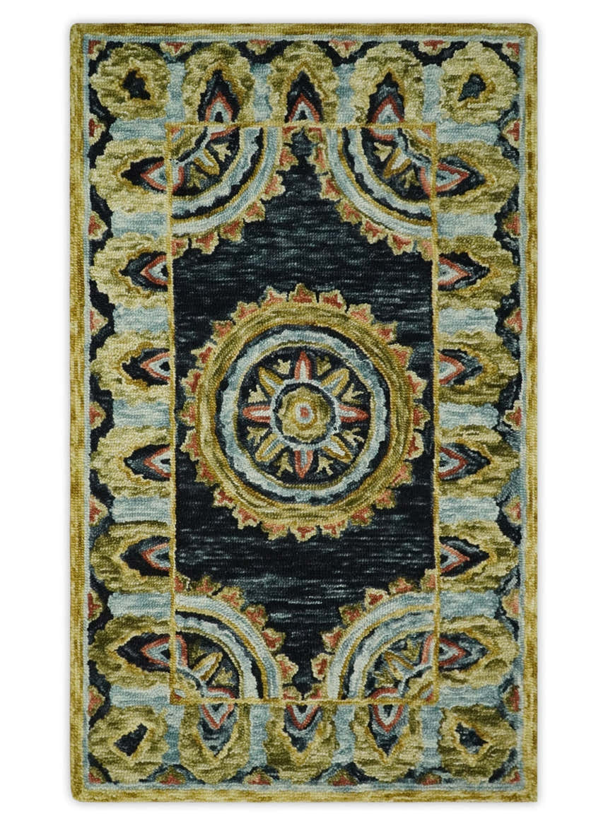 Hand Tufted Blue, Rust and Moss Gold Colorful Wool Area Rug