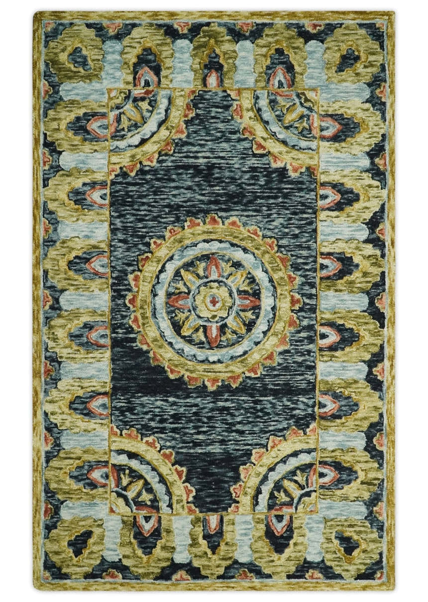 Hand Tufted Blue, Rust and Moss Gold Colorful Wool Area Rug