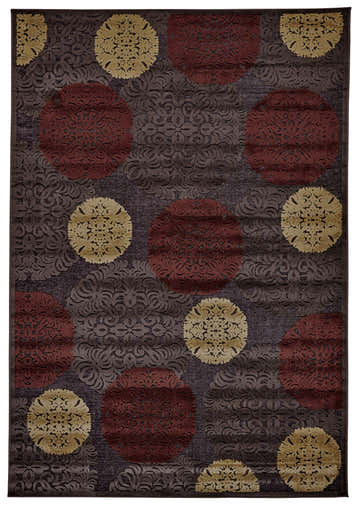 Feizy Saphir Transitional Polka Dots Area Rug with taupe, red, and tan floral medallion design. Machine-made viscose and polyester rug. Design-Rectangle