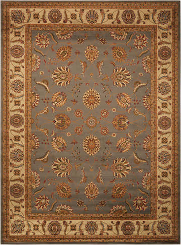 Close-up of the Nourison Paramount Blue Persian rug, featuring floral patterns in light blue, tan, and brown.