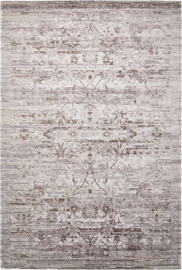 Close-up of Nourison Twilight Silver Vintage Area Rug, featuring a distressed floral pattern in silver and gray tones.