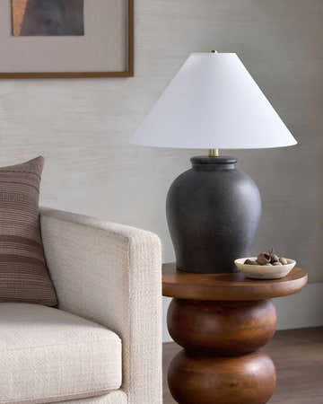 Soft Charcoal Traditional Table Lamp with linen details for bedside or console tables