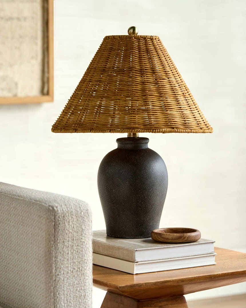 Rich Orange Traditional Table Lamp with rattan details for bedside or console tables