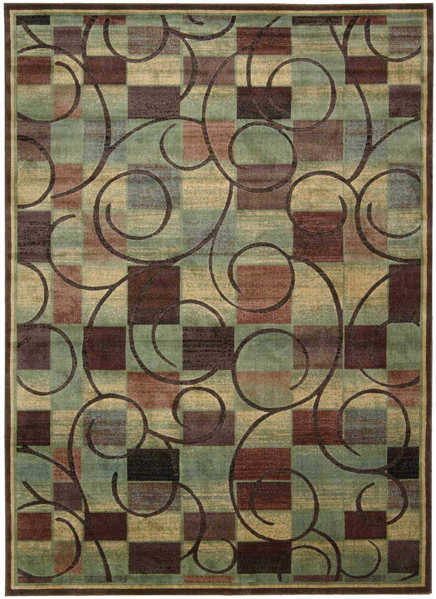 Close-up of Nourison Expressions Brown rug. Modern design with brown swirls and a geometric square pattern in green, beige, and brown.