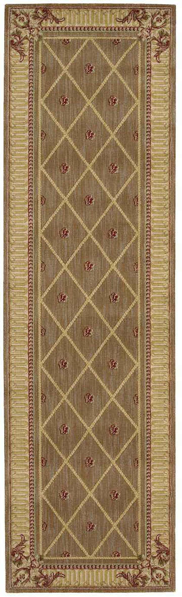 Close-up of Nourison Ashton House Cocoa Vintage runner rug. Camel wool rug with diamond pattern and floral accents.