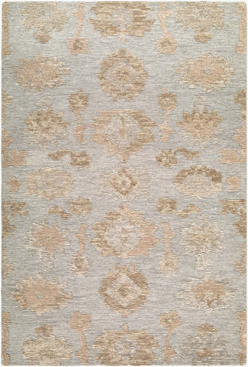 Close-up of the hand-tufted Khalil Vokoko rug. Wool rug in medium gray with sandstone and taupe traditional floral pattern. Design-Rectangle-576