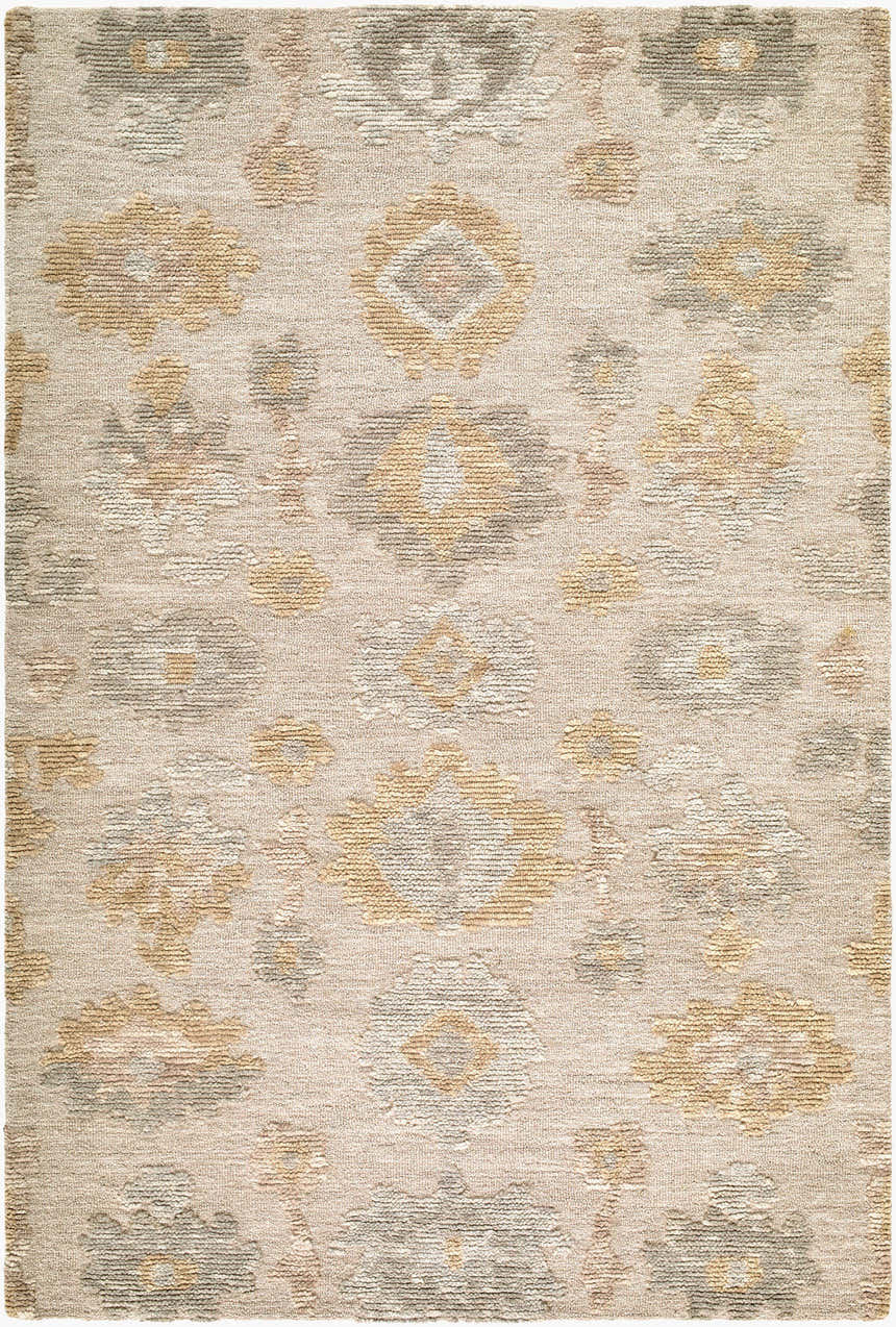 Close-up of the Khalil Vanaga rug. Traditional floral pattern in beige, ivory, mustard, slate gray, and taupe wool. Design-Rectangle-576