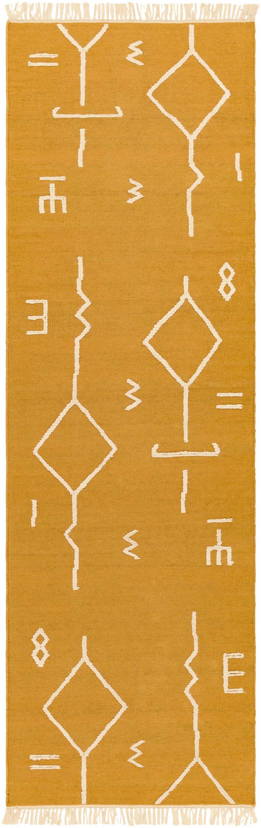 Close-up of Bushra Area Rug, a hand-woven runner with a mustard yellow base and geometric ivory designs. Design-Runner-268