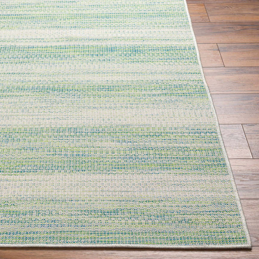 Close-up of Kris Green Area Rug showing texture and horizontal stripes of moss, natural gray, and dark beige. Front