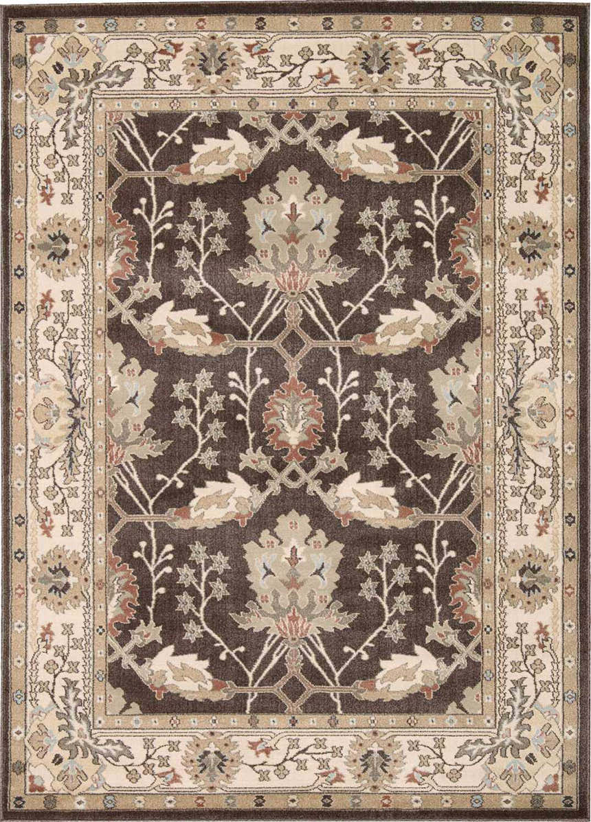 Close-up of the Nourison Walden Bistre Vintage Area Rug, featuring a floral pattern and bistre, beige, and brown tones.