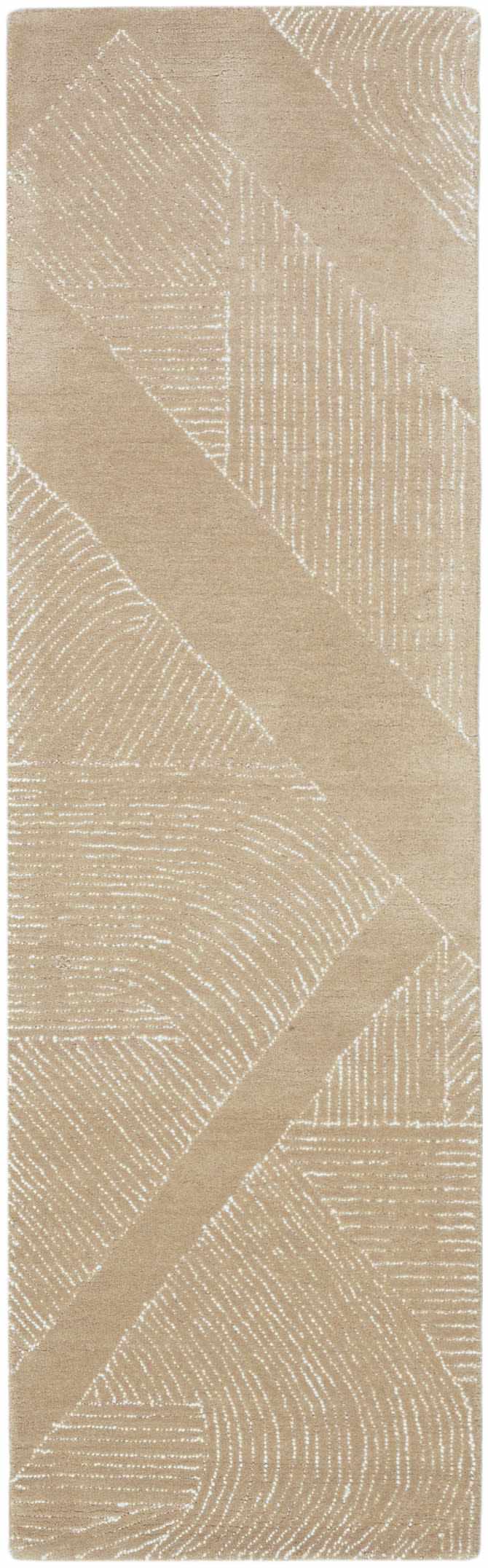 Close-up of the DKNY Pure Patterns Camel rug. Modern design with geometric shapes and subtle white line details.