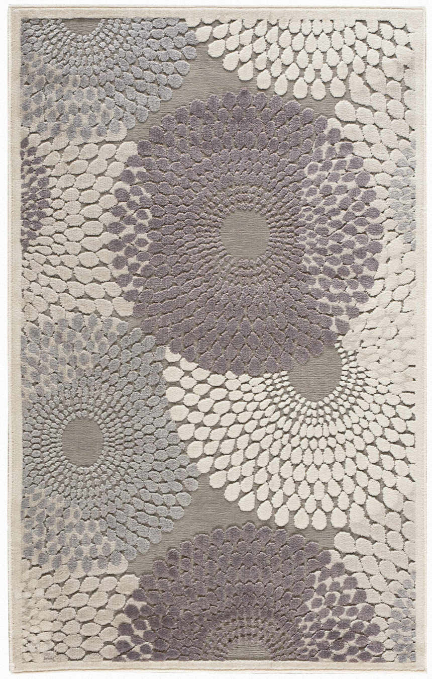 Close-up of Nourison Graphic Illusions Grey rug with a floral, mid-century modern design in gray, white, and lavender.