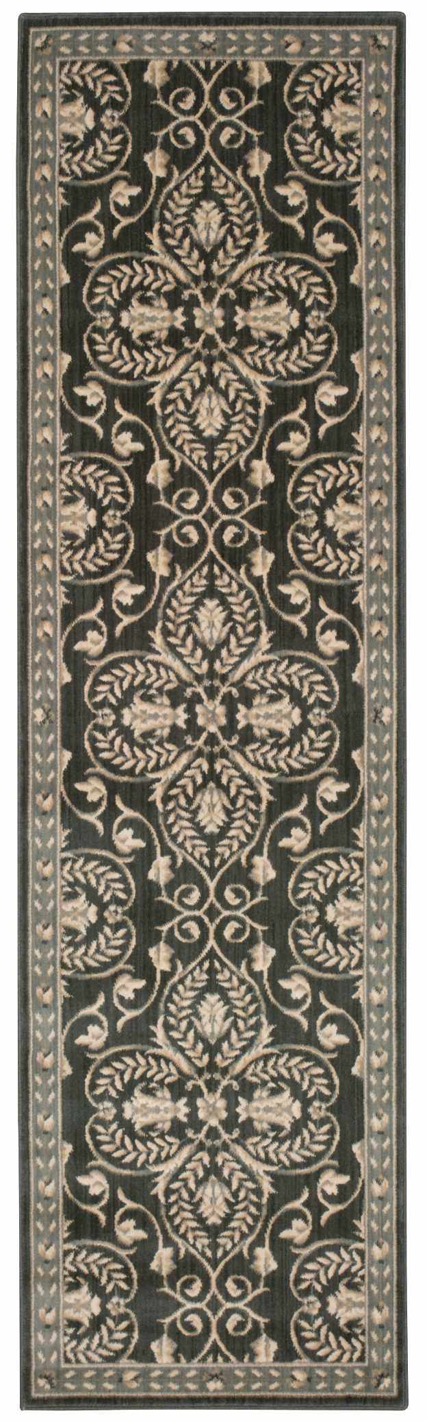 Close-up of the Nourison Riviera Graphite runner rug, featuring a floral pattern and graphite and beige tones.