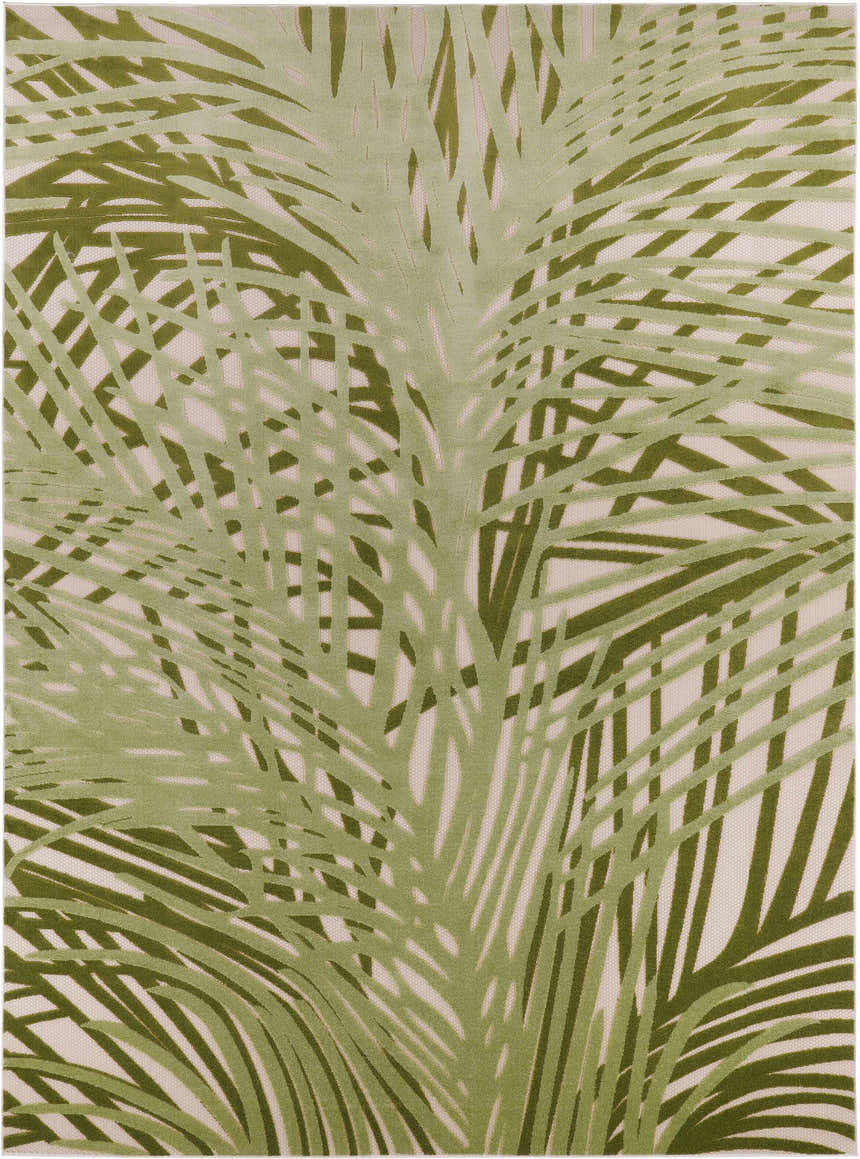 Close-up of the Nourison Aloha Ivory Green Outdoor Area Rug featuring a tropical palm leaf pattern.