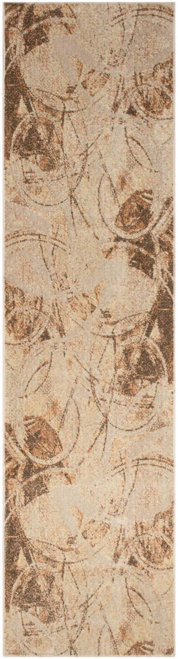 Close-up of Nourison Astra Beige Rug. Modern design with beige and brown abstract pattern. Machine-made, washable area rug.