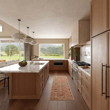 Modern kitchen with wood cabinets and Nourison Vintage Rust Multicolor runner rug on wood floor.