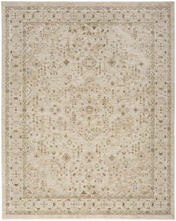 Close-up of a Nourison Retreat Beige Vintage Indoor Area Rug. Features a detailed, traditional pattern in beige and tan tones.
