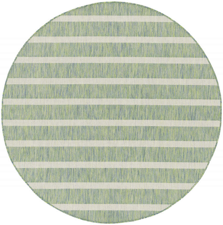 Close-up of round Nourison Positano rug. Blue, green, and ivory stripes create a modern pattern. Woven texture.