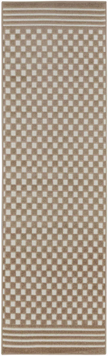 Close-up of Nourison Care Free Brown rug. Features a checkerboard pattern with stripes at the top and bottom. Modern style.