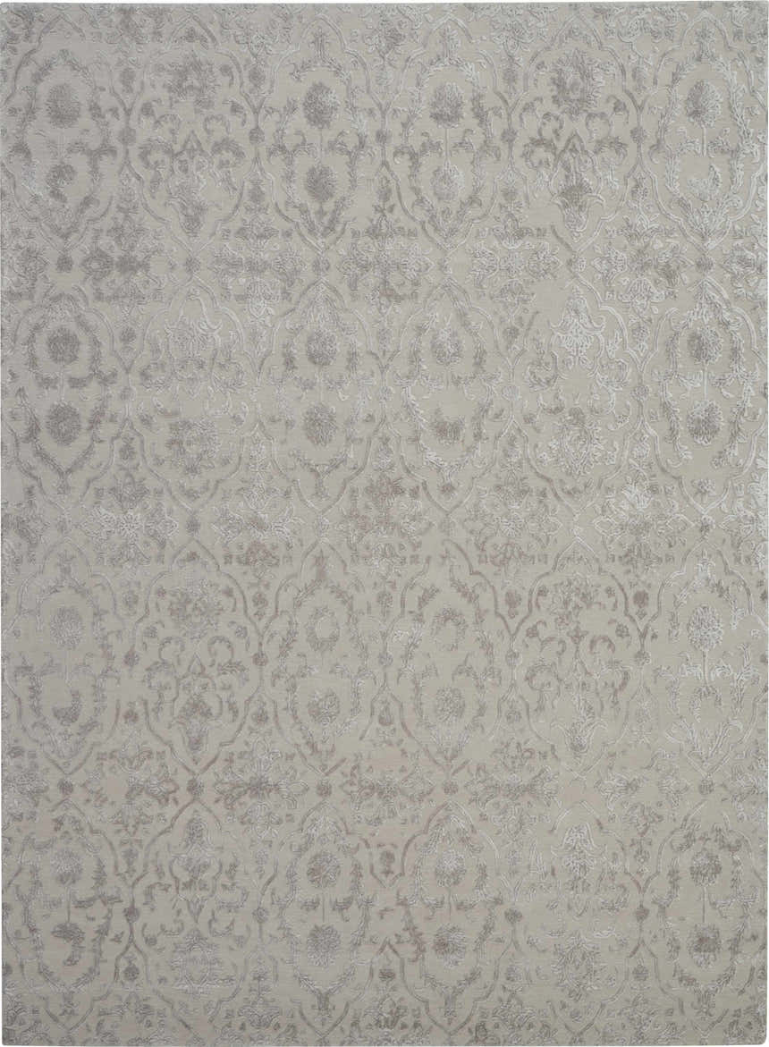 Close-up of the Nourison Opaline Taupe Vintage Indoor Area Rug, featuring an intricate floral damask pattern in ivory and taupe.