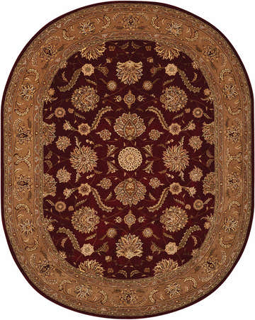 Close-up of the oval Nourison 2000 Ruby Persian Area Rug. Features a ruby field and tan floral pattern and border.