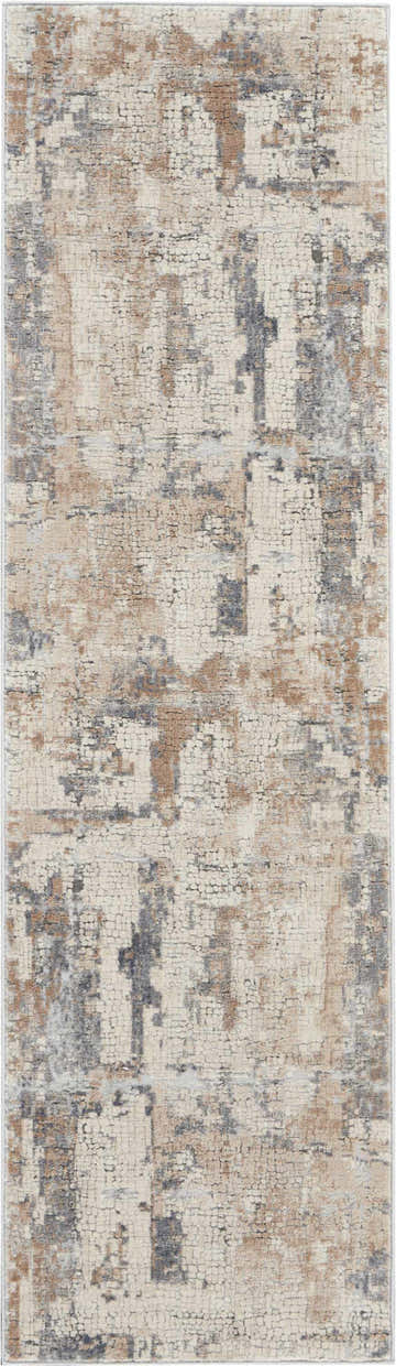 Close-up of Nourison Rustic Textures Beige Grey rug. Modern design with beige, gray, and brown abstract pattern.