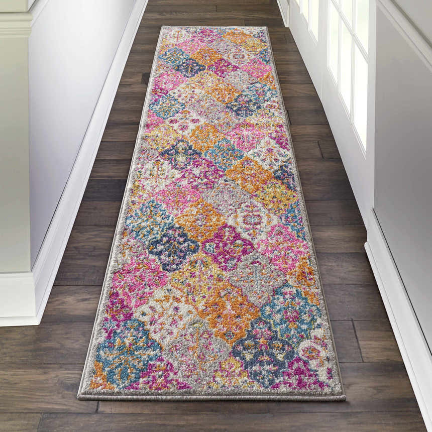 Hallway with Nourison Passion Multicolor Bohemian runner rug on dark wood floor.