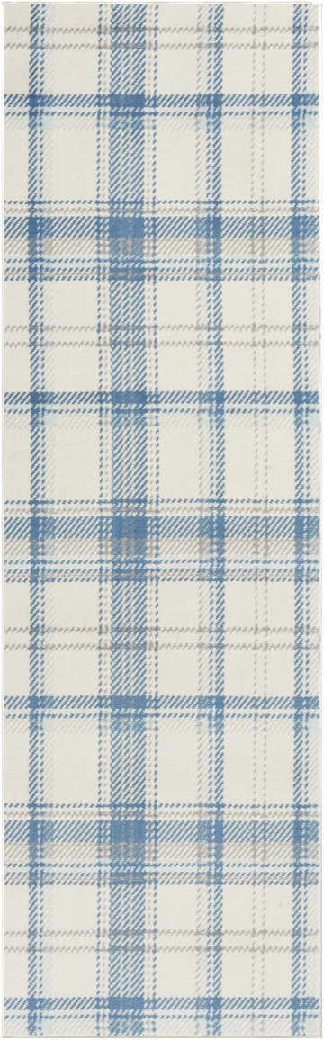 Close-up of Nourison Grafix Ivory Blue Farmhouse Indoor Area Rug with a classic plaid pattern.