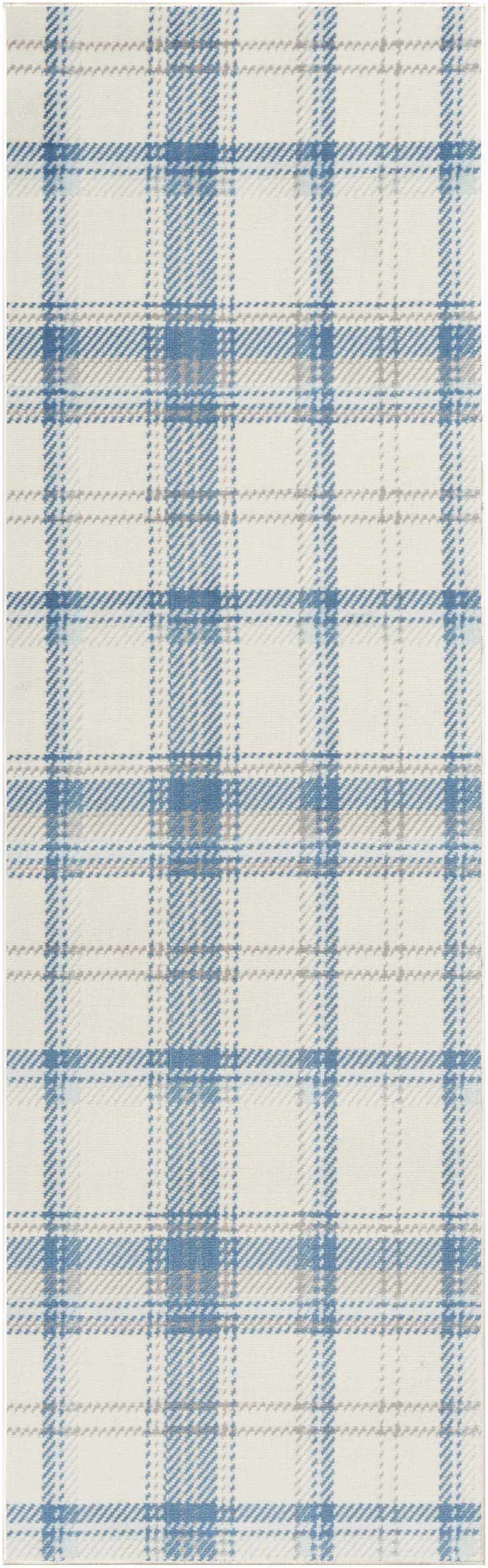 Close-up of Nourison Grafix Ivory Blue Farmhouse Indoor Area Rug with a classic plaid pattern.