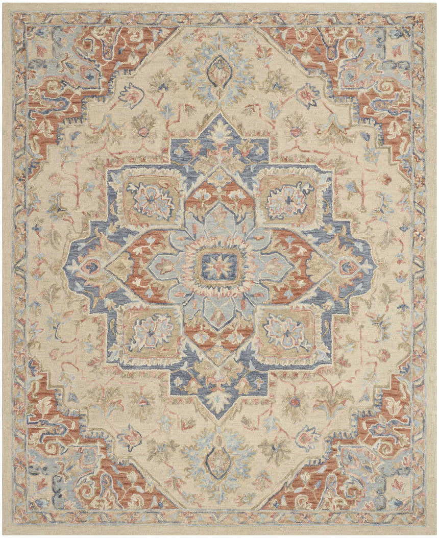 Close-up of the Nourison Maison Ivory Rust Vintage Indoor Area Rug, featuring a chestnut, blue, and ivory floral medallion pattern.