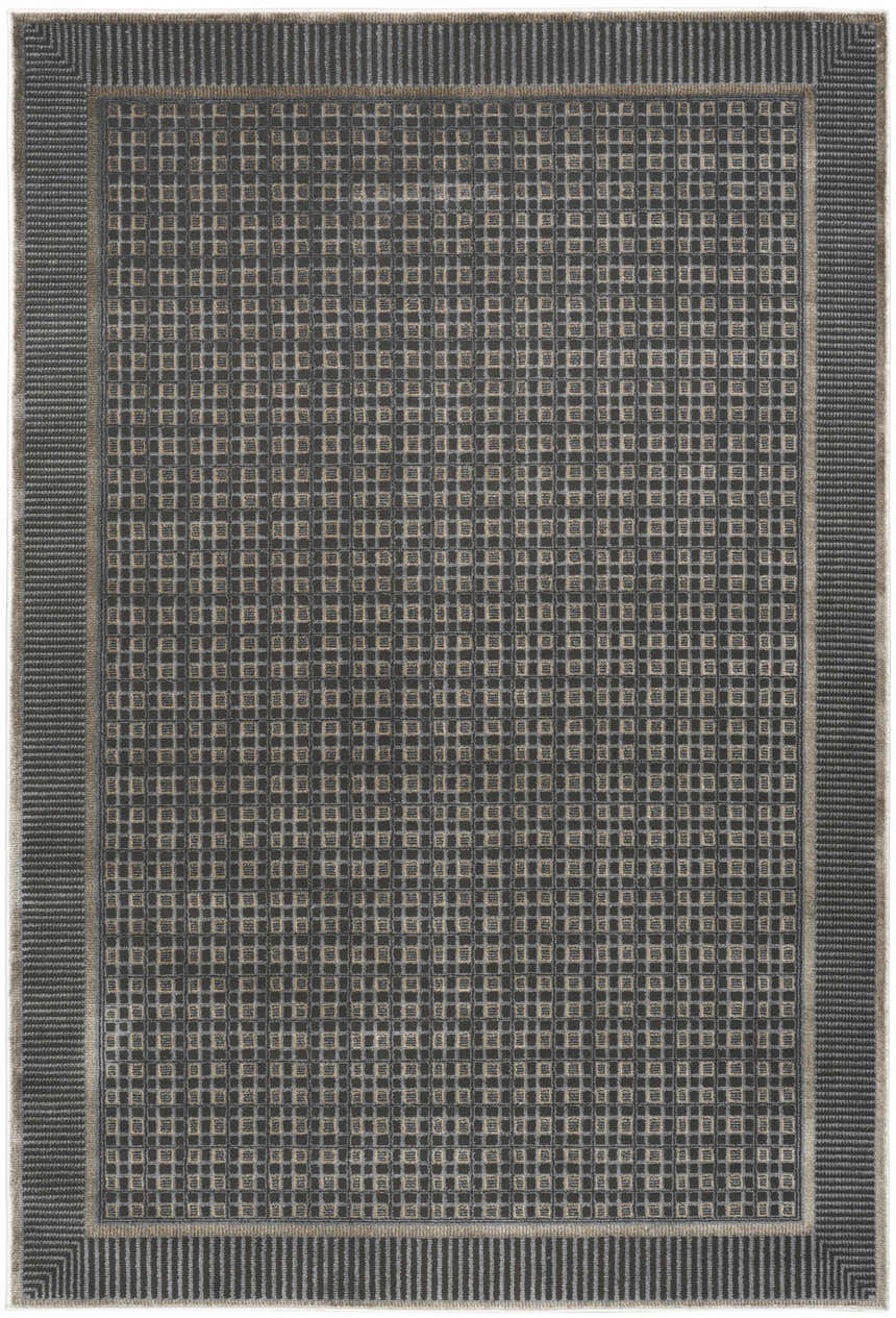 Close-up of the Nourison Nordic Black Taupe Art Deco Indoor Area Rug. Features a geometric grid pattern and striped border.