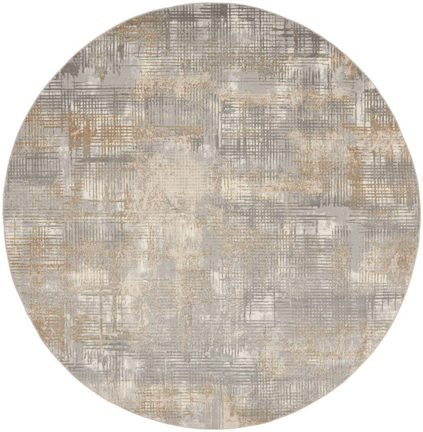 Round Calvin Klein CK950 Rush rug, grey, beige, high pile, with a modern abstract pattern.